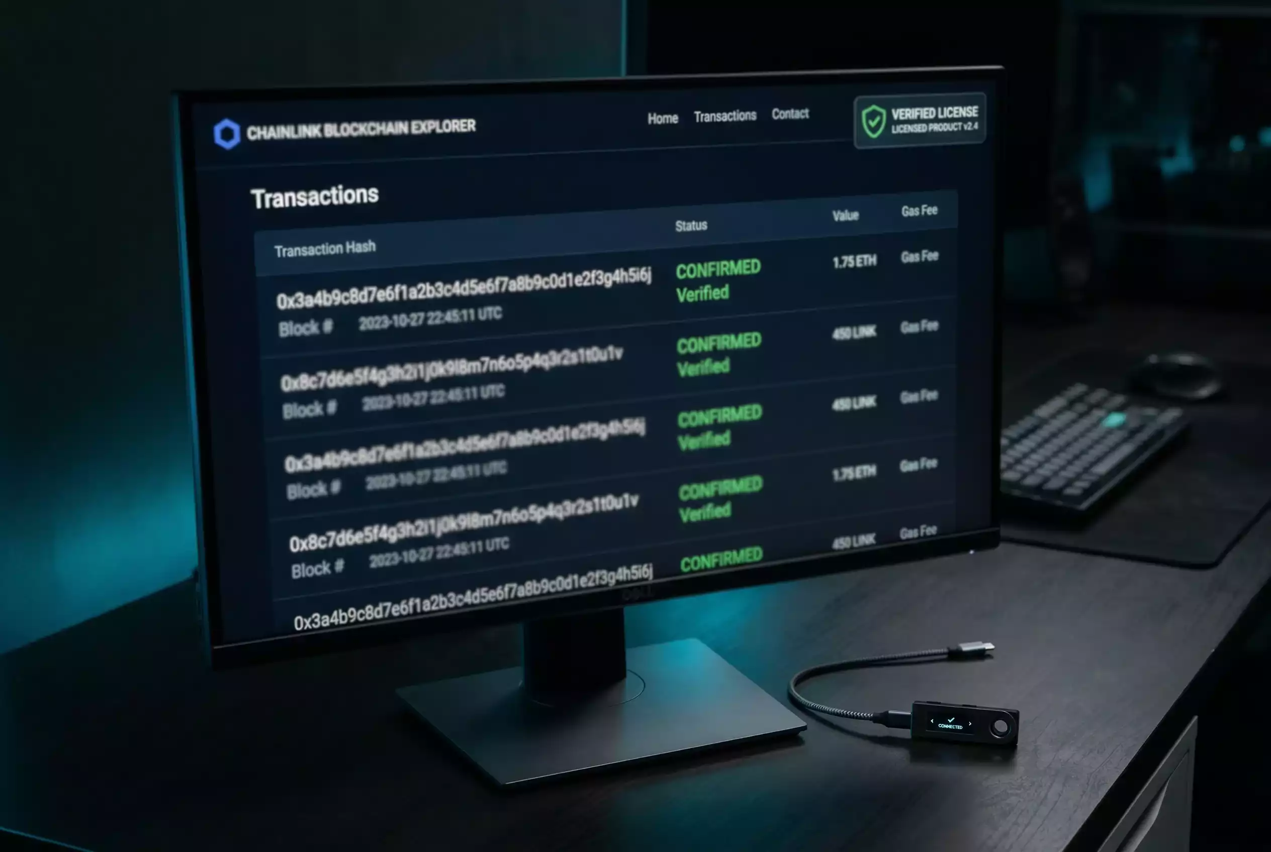 Naerbild pa skarm med licensverifiering och blockkedjetransaktion