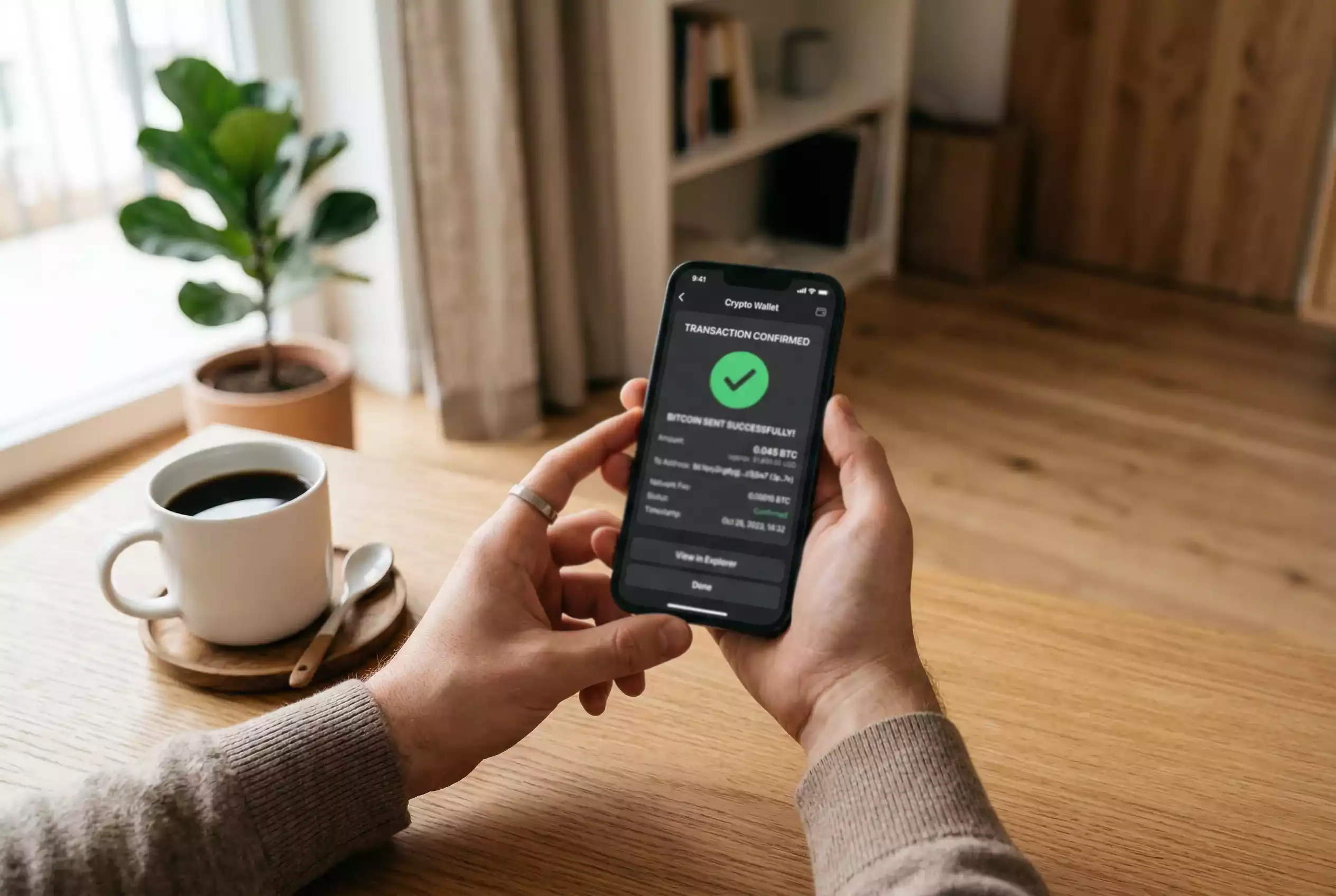 Person som skickar bitcoin fran mobilplanbok till bettingsida