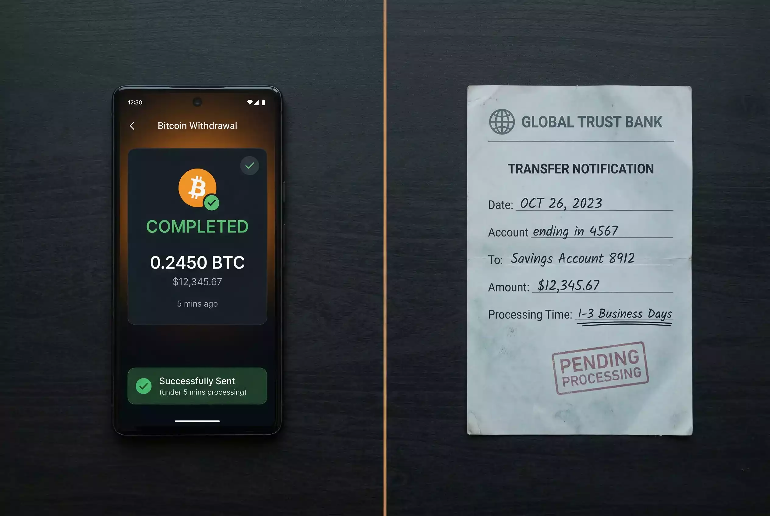 Delad skarm som visar krypto-uttag pa sekunder och bankoverforing pa dagar