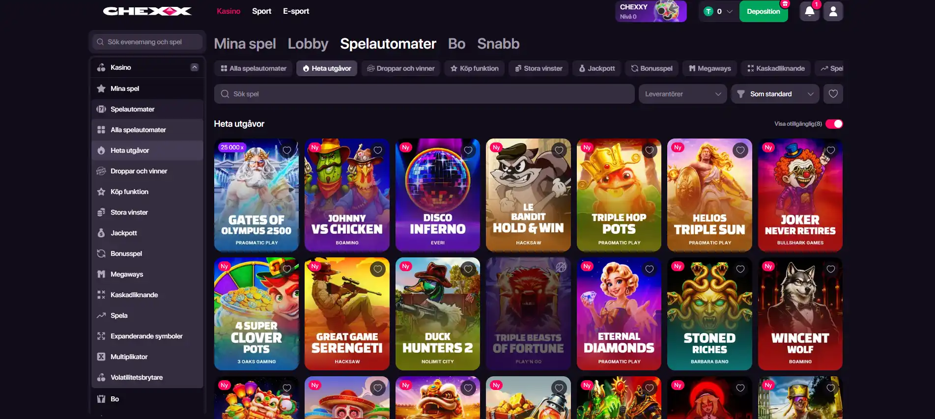 CHEXX kasinolobby med spelkategorier filter och flera speltitlar