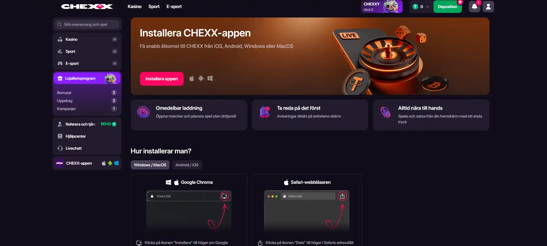 CHEXX sida visar installationsval för PWA på fyra plattformar